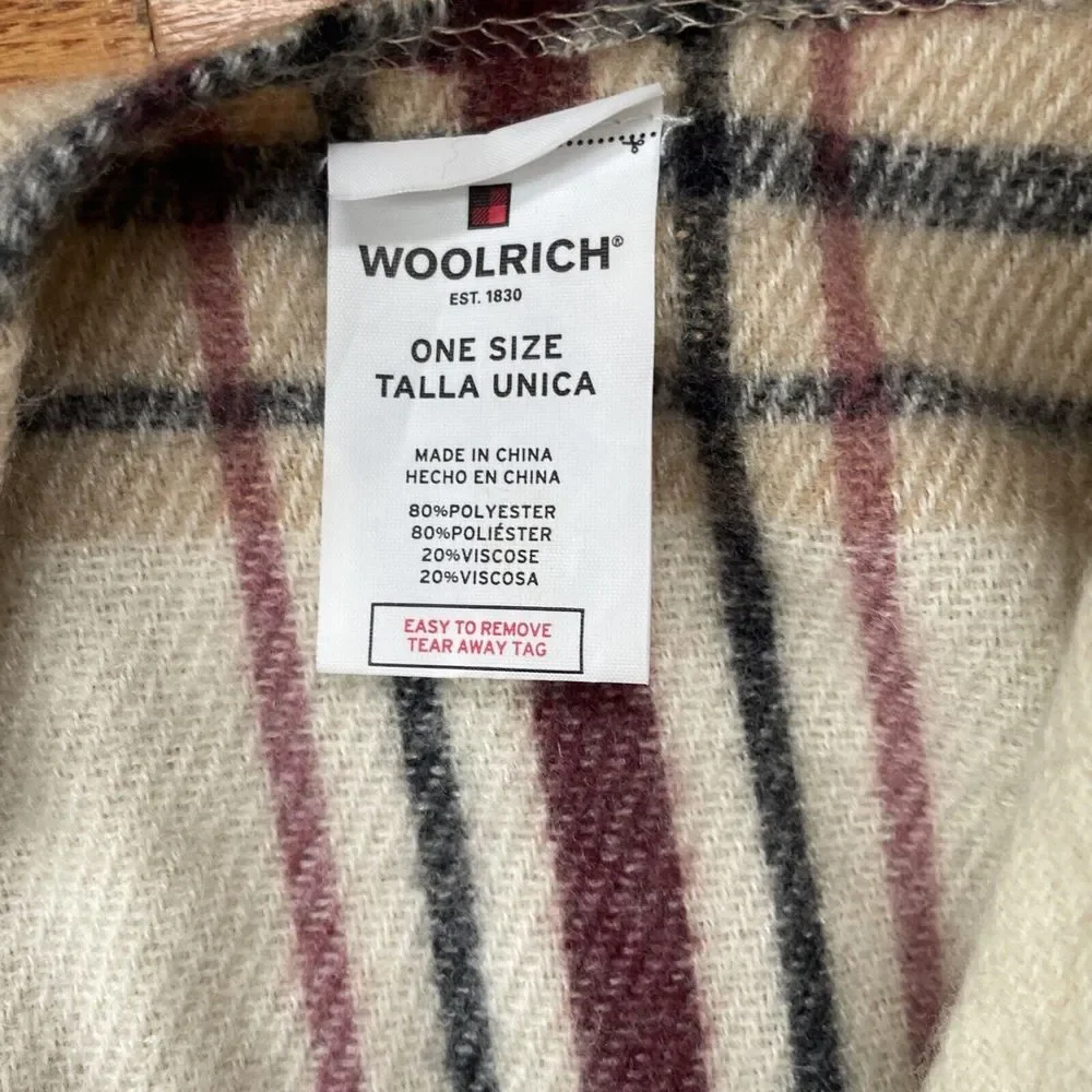 WOOLRICH Womens Poncho Shawl Wrap One Size Soft Fringe Tan Red Black‎ Plaid